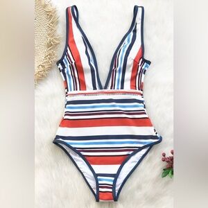 Cupshe Colorful Stripe Plunging One-Piece Swimsuit Size L NWT